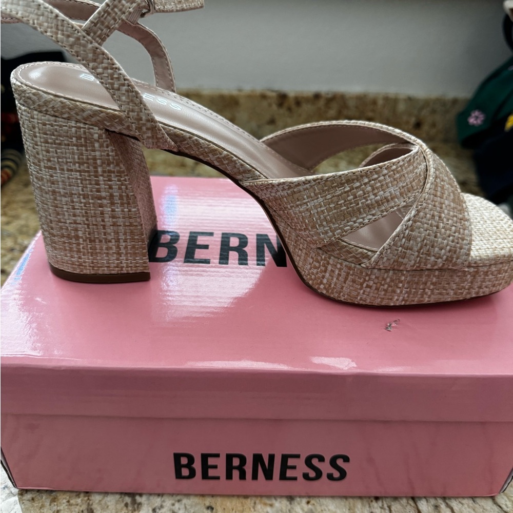 Beige Woven Platform Block Heel Sandals